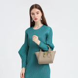 NNEDSZ Beige Genuine Leather Women's Handbag - Stylish Bucket Bag with Top Handle and Crossbody Strap