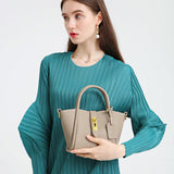 NNEDSZ Beige Genuine Leather Women's Handbag - Stylish Bucket Bag with Top Handle and Crossbody Strap