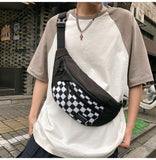 NNEDSZ Black Patchwork Black and White Check Trendy Checkered Crossbody Bag - Color-Block Chest Bag for Men and Women, Lightweight Nylon Waist Bag