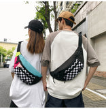 NNEDSZ Black Patchwork Black and White Check Trendy Checkered Crossbody Bag - Color-Block Chest Bag for Men and Women, Lightweight Nylon Waist Bag