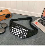 NNEDSZ Black Patchwork Black and White Check Trendy Checkered Crossbody Bag - Color-Block Chest Bag for Men and Women, Lightweight Nylon Waist Bag