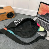 NNEDSZ Black Patchwork Black and White Check Trendy Checkered Crossbody Bag - Color-Block Chest Bag for Men and Women, Lightweight Nylon Waist Bag