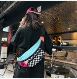 NNEDSZ Multi-Coloured Patchwork Black and White Check Trendy Checkered Crossbody Bag - Color-Block Chest Bag for Men and Women, Lightweight Nylon Waist Bag