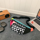 NNEDSZ Multi-Coloured Patchwork Black and White Check Trendy Checkered Crossbody Bag - Color-Block Chest Bag for Men and Women, Lightweight Nylon Waist Bag