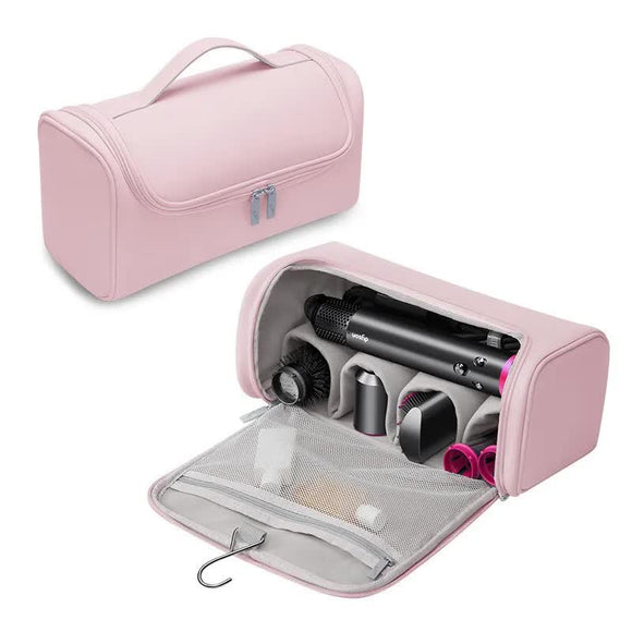NNEDSZ Pink Portable PU Storage Bag for Hair Curlers, Hair Dryers, and Styling Tools(Hair dryers, etc. are shooting props and are not included in the product)