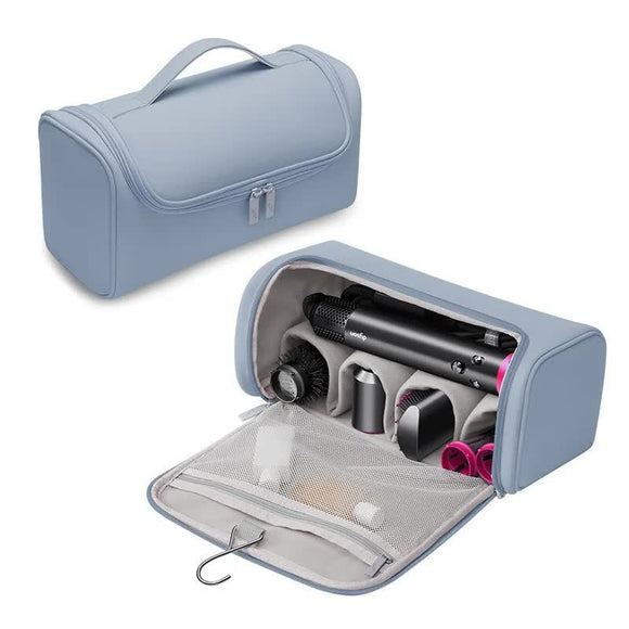 NNEDSZ Blue Portable PU Storage Bag for Hair Curlers, Hair Dryers, and Styling Tools(Hair dryers, etc. are shooting props and are not included in the product)
