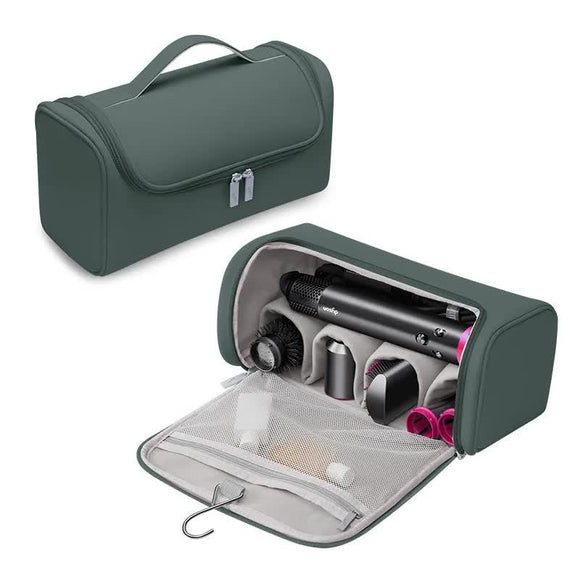 NNEDSZ Green Portable PU Storage Bag for Hair Curlers, Hair Dryers, and Styling Tools(Hair dryers, etc. are shooting props and are not included in the product)