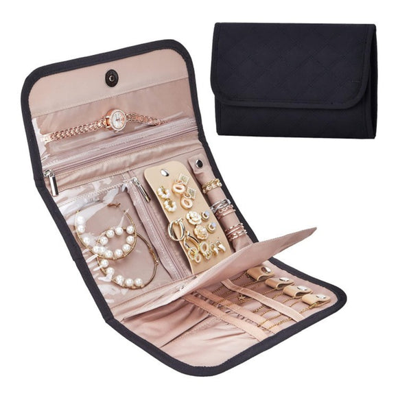 NNEDSZ Black Portable Travel Jewelry Organizer Roll - Foldable Jewelry Storage Pouch for Earrings, Rings, and Necklaces(Jewellery is a shooting prop and is not included)