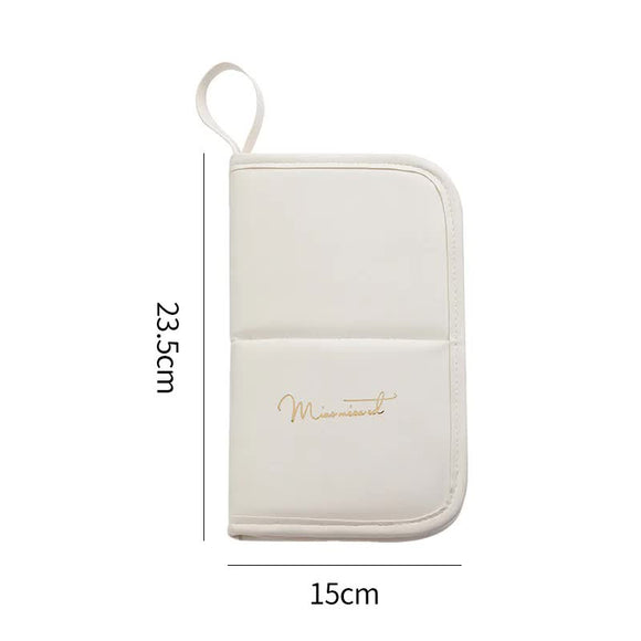 NNEDSZ White Portable Shell Makeup Brush Storage Bag - Multi-Functional PU Cosmetic Organizer with Button Closure, Convertible to Stand Design(Make-up brushes are filming props, not included)