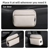 NNEDSZ Black PU Leather Car Storage Organizer with Dual Charging Holes and Inner Mesh Pocket, Multi-functional Door Handle Hanging Bag for Phones and Accessories, Lightweight and Durable