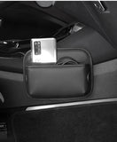 NNEDSZ Brown PU Leather Car Storage Organizer with Dual Charging Holes and Inner Mesh Pocket, Multi-functional Door Handle Hanging Bag for Phones and Accessories, Lightweight and Durable