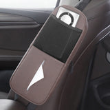 NNEDSZ Coffee Multifunctional Car Seat Side Organizer with PU Leather Tissue Holder and Mesh Pocket - Compact Storage Bag for Phones and Accessories(Mobile phones and tissues are filming props, not included)