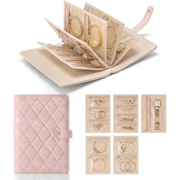 NNEDSZ 1 Piece Pink Luxury Leather Loose-Leaf Jewelry Organizer - Portable Large-Capacity Storage Book for Earrings and Necklaces(Jewellery is a shooting prop and is not included)