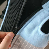 NNEDSZ Size L Blue-Gray Patchwork Pet Backpack Dog Carrier Cat Travel Bag - Breathable, Portable & Hands-Free Four-Leg Design