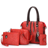 NNEDSZ Red 4-Piece Women's PU Leather Tote Bag Set - Vintage Handbag, Shoulder Bag, Clutch, and Card Holder - Lightweight Design