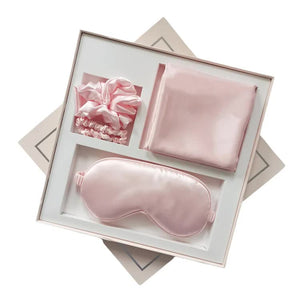NNEDSZ Pink Luxury Faux Silk Sleep Gift Set - 4-Piece Eye Mask, Pillowcase & Scrunchies for Relaxation & Comfort