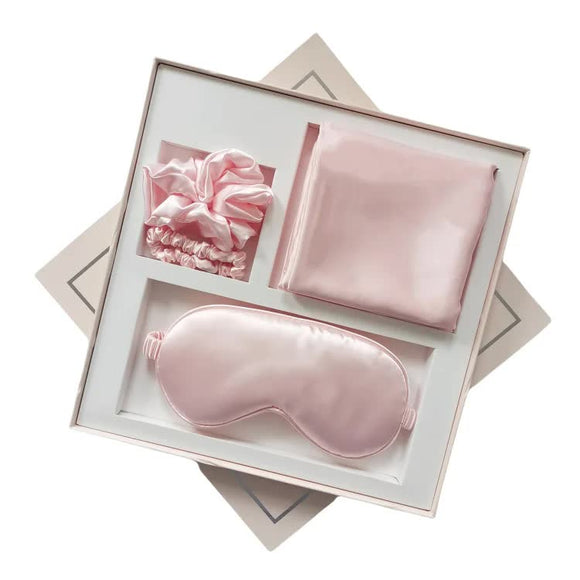 NNEDSZ Pink Luxury Faux Silk Sleep Gift Set - 4-Piece Eye Mask, Pillowcase & Scrunchies for Relaxation & Comfort