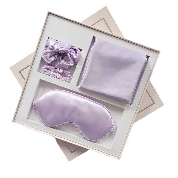 NNEDSZ Purple Luxury Faux Silk Sleep Gift Set - 4-Piece Eye Mask, Pillowcase & Scrunchies for Relaxation & Comfort