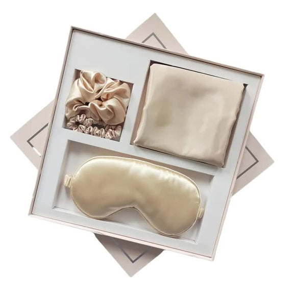 NNEDSZ Light Gold Luxury Faux Silk Sleep Gift Set - 4-Piece Eye Mask, Pillowcase & Scrunchies for Relaxation & Comfort