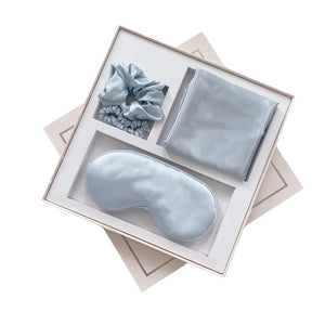 NNEDSZ Light Blue Luxury Faux Silk Sleep Gift Set - 4-Piece Eye Mask, Pillowcase & Scrunchies for Relaxation & Comfort
