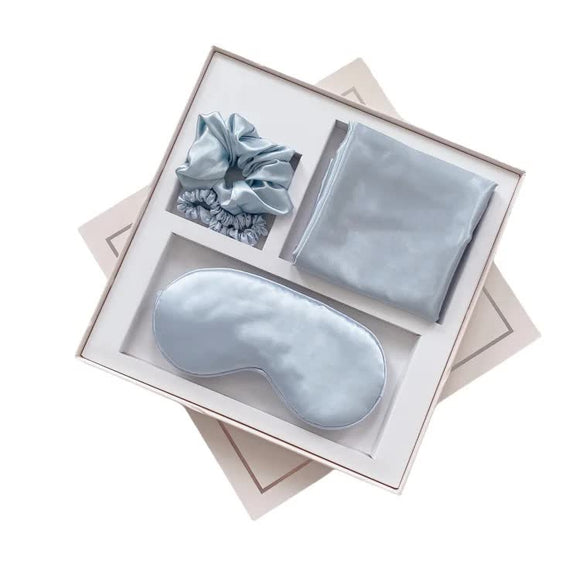 NNEDSZ Light Blue Luxury Faux Silk Sleep Gift Set - 4-Piece Eye Mask, Pillowcase & Scrunchies for Relaxation & Comfort
