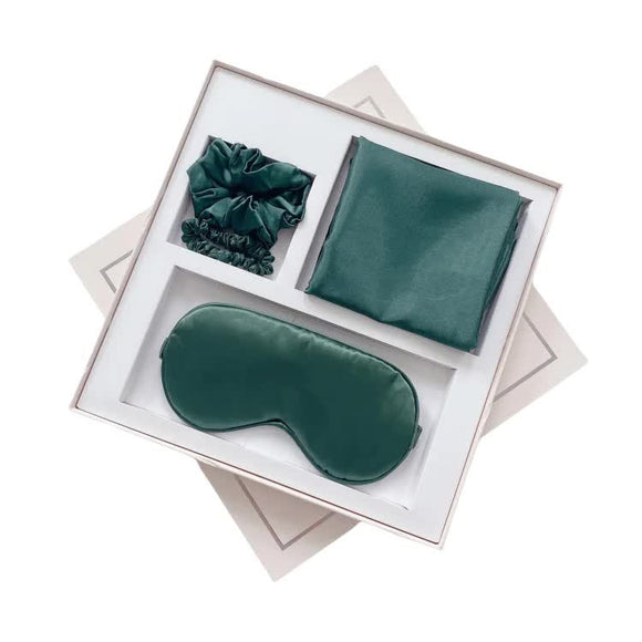 NNEDSZ Green Luxury Faux Silk Sleep Gift Set - 4-Piece Eye Mask, Pillowcase & Scrunchies for Relaxation & Comfort