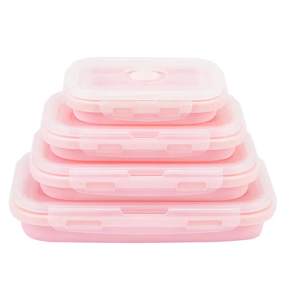 NNEDSZ Pink Collapsible Silicone Bento Box Set – 4-Piece Food-Grade Microwave & Freezer Safe Lunch Box Set