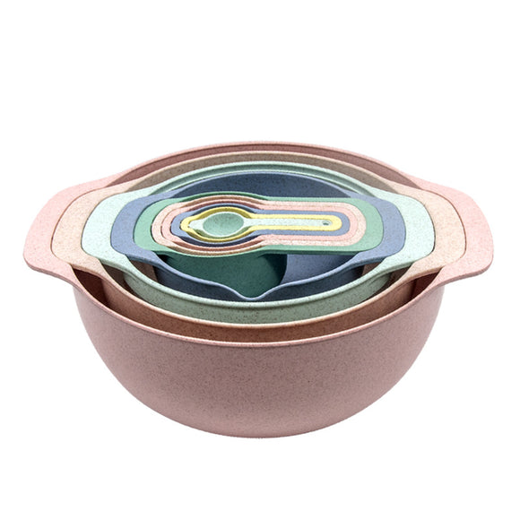 NNEDSZ Light Pink 8-Piece Baking Tool Set - Measuring Cups, Spoons, Rainbow Mixing Bowls, Vegetable Washing Basket, and Flour Sifter