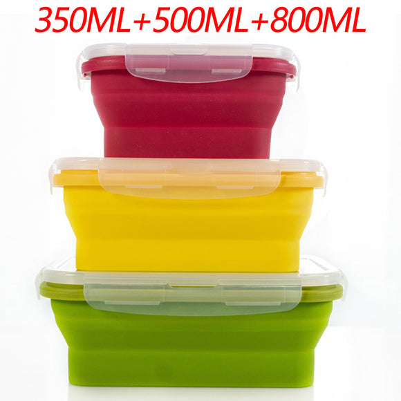 NNEDSZ 3-piece Set (Red + Yellow +Green) Collapsible Silicone Food Storage Containers Set - 350ML, 500ML, 800ML | BPA-Free, Microwave, Dishwasher & Freezer Safe | Foldable & Portable Bento Boxes for Travel & Outdoor