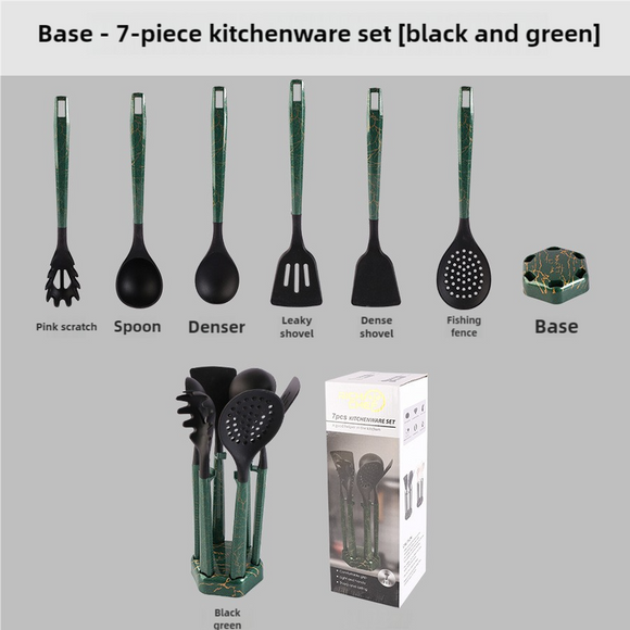 NNEDSZ Black And Green Set High-Temperature Resistant 7-Piece Silicone Kitchen Utensils Set - Non-Stick Cooking Tools, Food-Grade Silicone, Heat-Resistant Spatulas, and Spoons for Non-Stick Pans