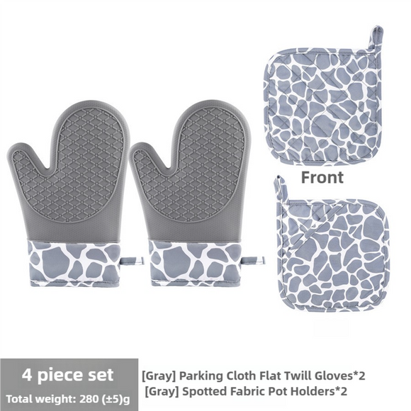 NNEDSZ Grey 4-Piece Set High-Temperature Resistant Silicone and Cotton Oven Mitts and Pot Holders Set – Heat-Resistant, Non-Slip, Food-Grade Kitchen Gloves for Baking, Cooking, and Grilling