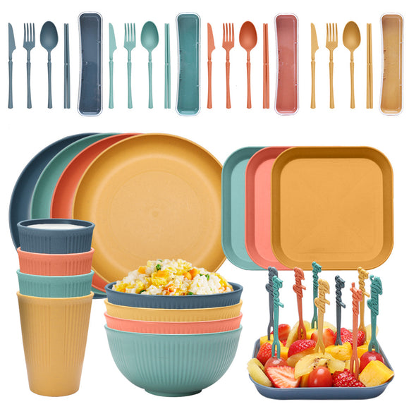 NNEDSZ Four-person Set Multicolor Eco-Friendly Wheat Straw Dinnerware Set,  Plate, Bowl, Cup & Utensil Set - Lightweight, Reusable, and Durable for Home, School, and Travel