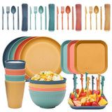 NNEDSZ Four-person Set Multicolor Eco-Friendly Wheat Straw Dinnerware Set,  Plate, Bowl, Cup & Utensil Set - Lightweight, Reusable, and Durable for Home, School, and Travel