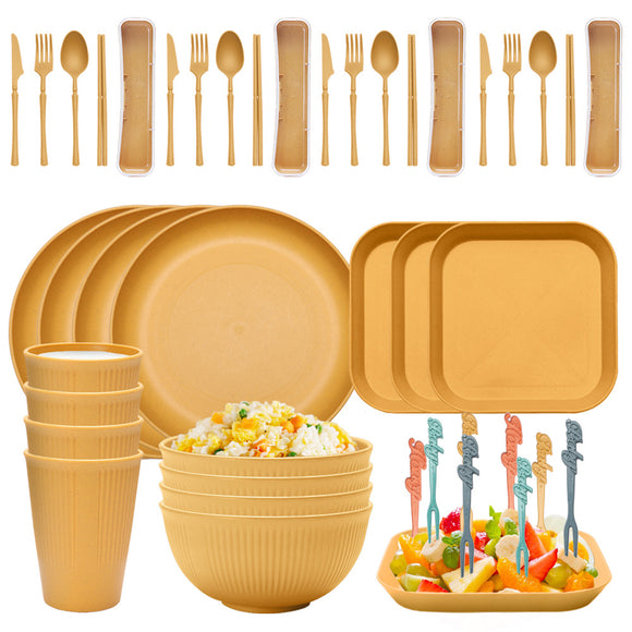 NNEDSZ Four-person Set Yellow Eco-Friendly Wheat Straw Dinnerware Set,  Plate, Bowl, Cup & Utensil Set - Lightweight, Reusable, and Durable for Home, School, and Travel