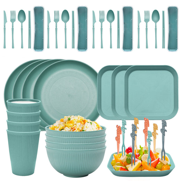 NNEDSZ Four-person Set Green Eco-Friendly Wheat Straw Dinnerware Set,  Plate, Bowl, Cup & Utensil Set - Lightweight, Reusable, and Durable for Home, School, and Travel
