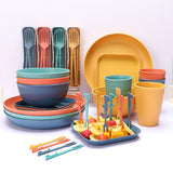 NNEDSZ Four-person Set Green Eco-Friendly Wheat Straw Dinnerware Set,  Plate, Bowl, Cup & Utensil Set - Lightweight, Reusable, and Durable for Home, School, and Travel