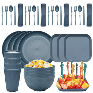 NNEDSZ Four-person Set Blue Eco-Friendly Wheat Straw Dinnerware Set,  Plate, Bowl, Cup & Utensil Set - Lightweight, Reusable, and Durable for Home, School, and Travel