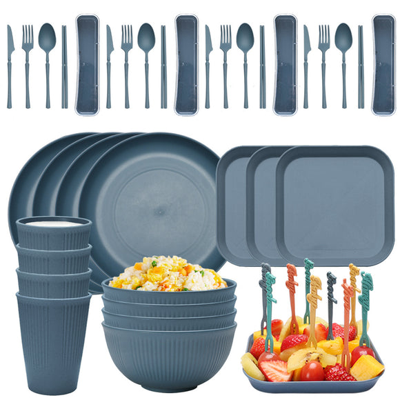 NNEDSZ Four-person Set Blue Eco-Friendly Wheat Straw Dinnerware Set,  Plate, Bowl, Cup & Utensil Set - Lightweight, Reusable, and Durable for Home, School, and Travel