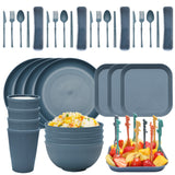 NNEDSZ Four-person Set Blue Eco-Friendly Wheat Straw Dinnerware Set,  Plate, Bowl, Cup & Utensil Set - Lightweight, Reusable, and Durable for Home, School, and Travel
