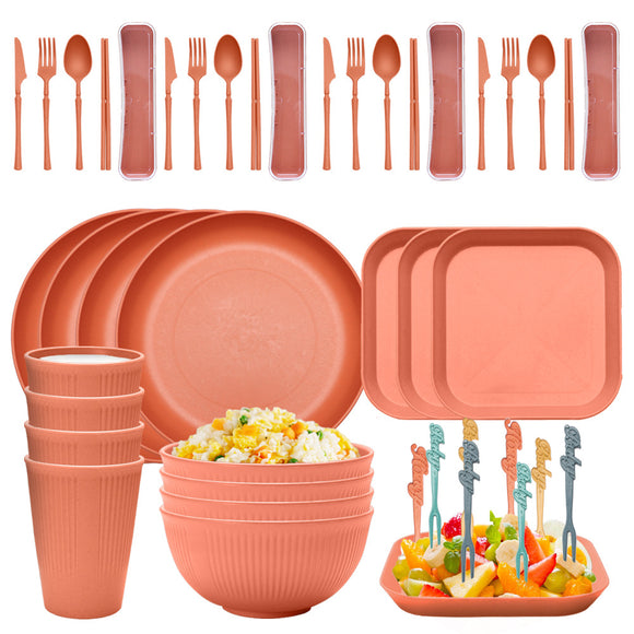 NNEDSZ Four-person Set Orange Eco-Friendly Wheat Straw Dinnerware Set,  Plate, Bowl, Cup & Utensil Set - Lightweight, Reusable, and Durable for Home, School, and Travel