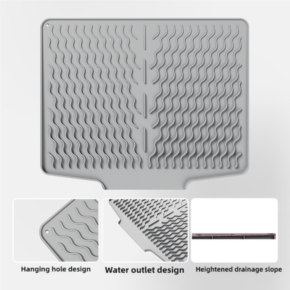 NNEDSZ Grey Silicone Dish Drying Mat, Non-Slip Draining Pad for Sink, Heat-Resistant and Water-Absorbent, Ideal for Dishes, Cups, and Utensils