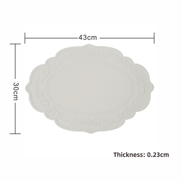 NNEDSZ 2 Pcs Grey Oval Embossed Floral Edged Silicone Placemats, Non-Slip, Heat-Resistant, Easy-to-Clean Dining Table Mats, Korean and European Style