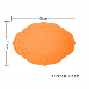 NNEDSZ 2 Pcs Orange Oval Embossed Floral Edged Silicone Placemats, Non-Slip, Heat-Resistant, Easy-to-Clean Dining Table Mats, Korean and European Style