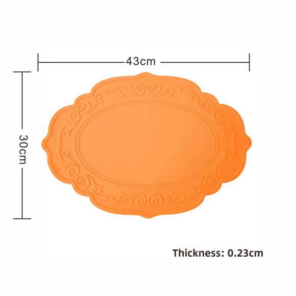 NNEDSZ 2 Pcs Orange Oval Embossed Floral Edged Silicone Placemats, Non-Slip, Heat-Resistant, Easy-to-Clean Dining Table Mats, Korean and European Style