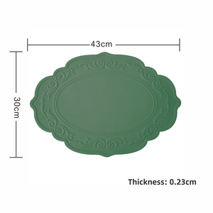 NNEDSZ 2 Pcs Green Oval Embossed Floral Edged Silicone Placemats, Non-Slip, Heat-Resistant, Easy-to-Clean Dining Table Mats, Korean and European Style
