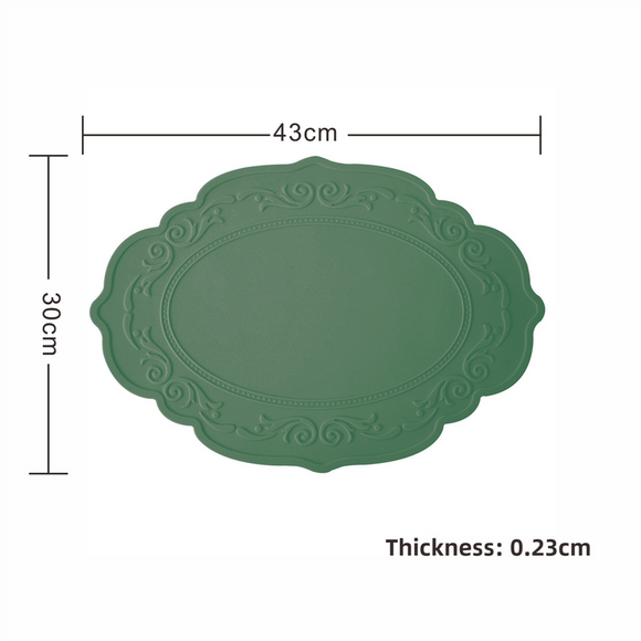 NNEDSZ 2 Pcs Green Oval Embossed Floral Edged Silicone Placemats, Non-Slip, Heat-Resistant, Easy-to-Clean Dining Table Mats, Korean and European Style