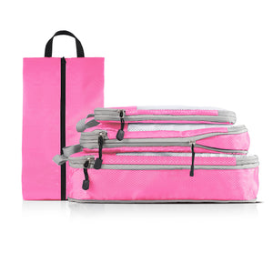 NNEDSZ 4-piece Set Pink Compression Travel Storage Bags Set, Mesh Travel Organizers for Luggage, Foldable and Space-Saving Packing Cubes
