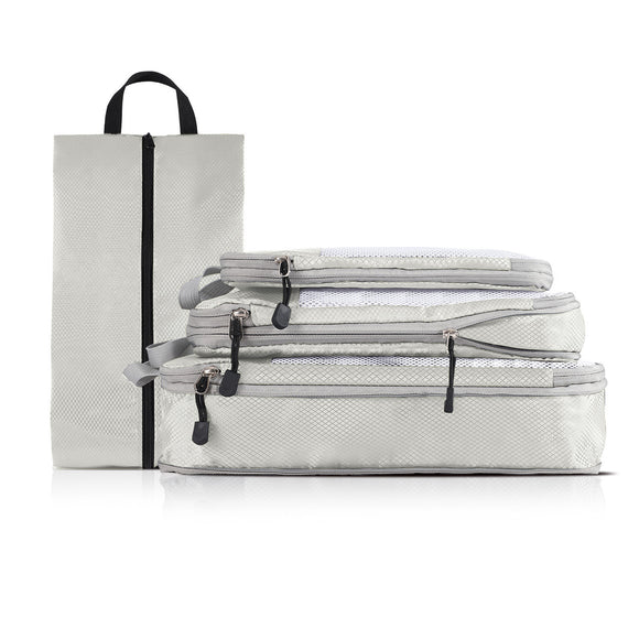 NNEDSZ 4-piece Set Off White Compression Travel Storage Bags Set, Mesh Travel Organizers for Luggage, Foldable and Space-Saving Packing Cubes