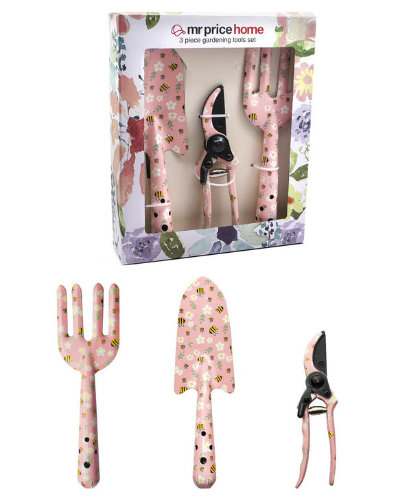 NNEDSZ Pink 3-Piece Floral Print Garden Tool Set – Carbon Steel Pruner, Cultivator & Trowel for Gardening