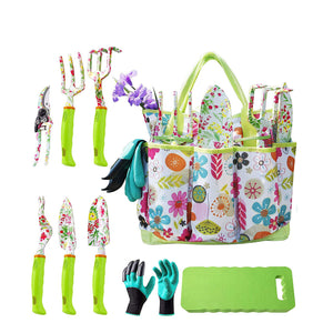 NNEDSZ Green 9-Piece Floral Garden Tool Set for Women – Complete Gardening Kit with Tote Bag, Pruners, and Gloves